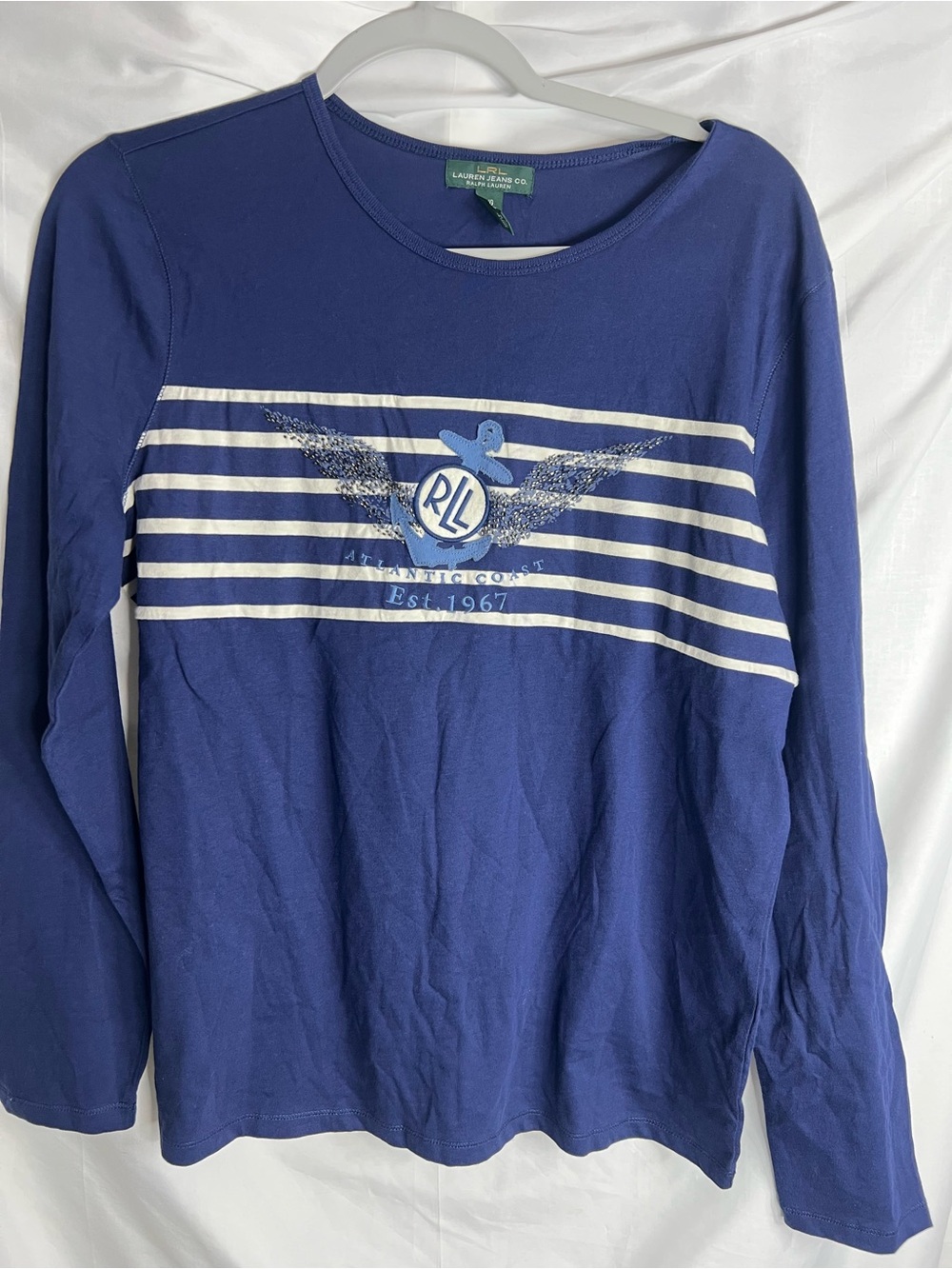 Ralph Lauren Blue Cotton Long-Sleeve Tee with White Stripes